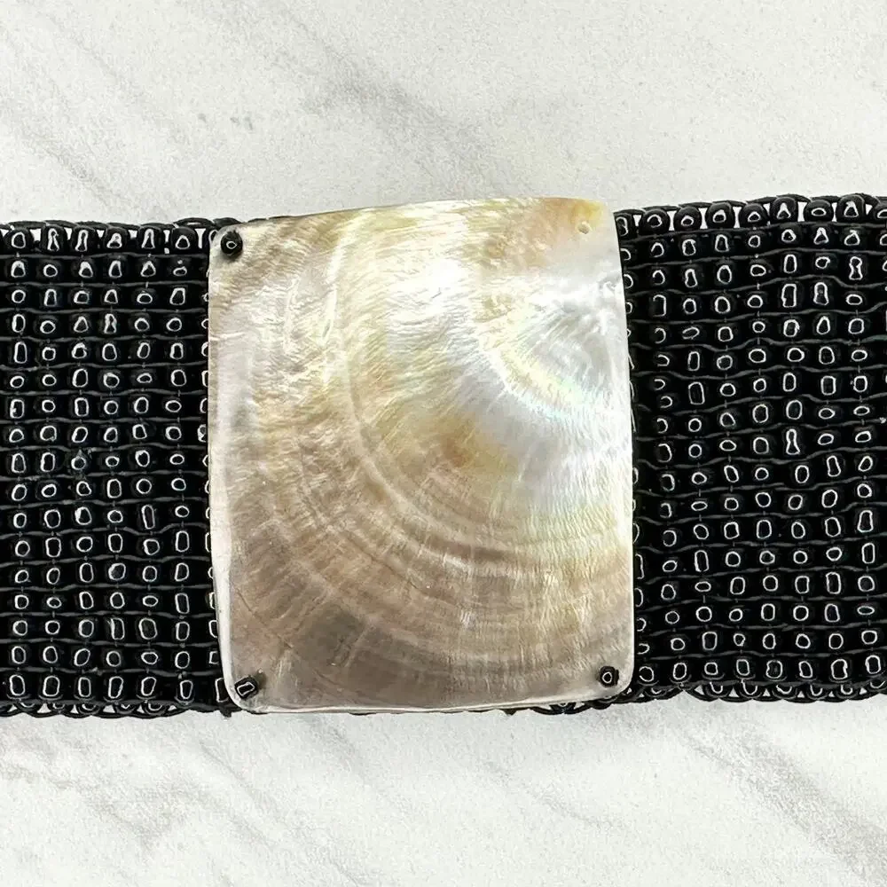 Abalone Shell Black Beaded Stretch Cinch Belt Womens OS ✨